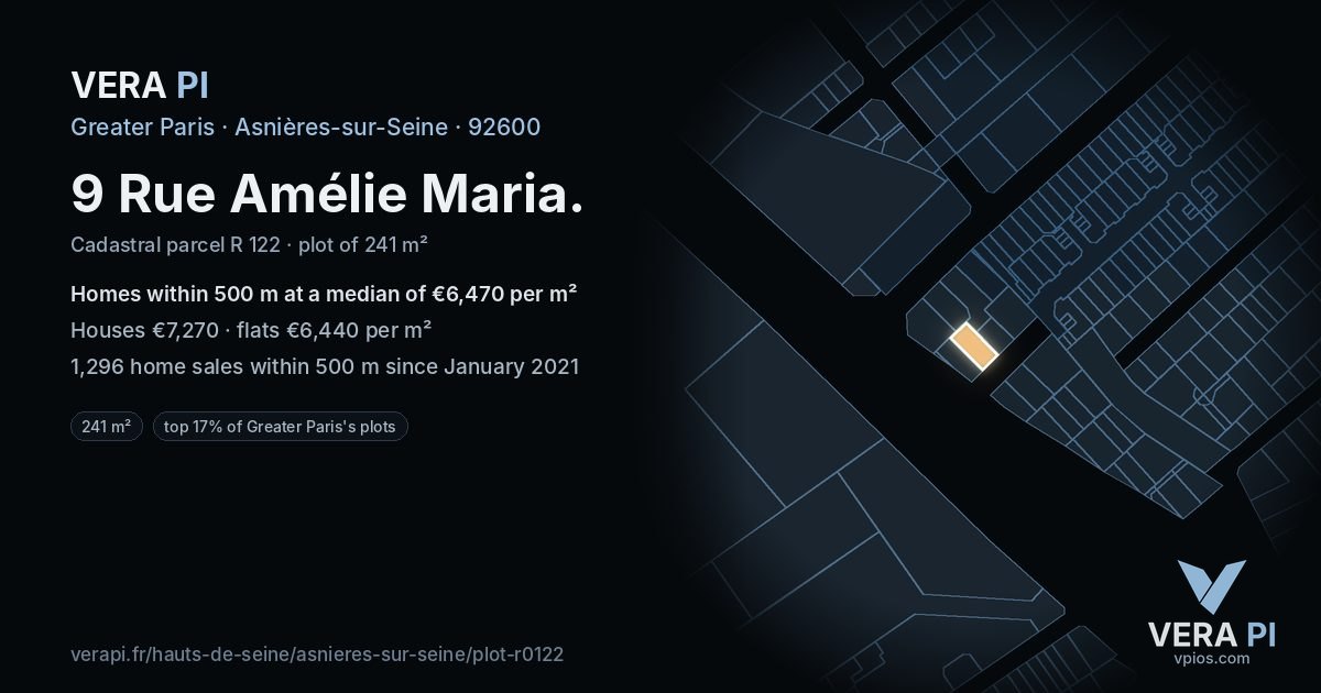 9 Rue Amélie Maria, Asnières-sur-Seine at night – the plot lit, the parcels around coloured by the prices near them
