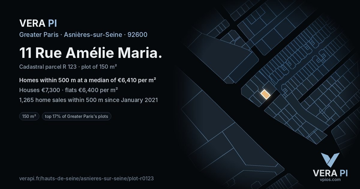 11 Rue Amélie Maria, Asnières-sur-Seine at night – the plot lit, the parcels around coloured by the prices near them