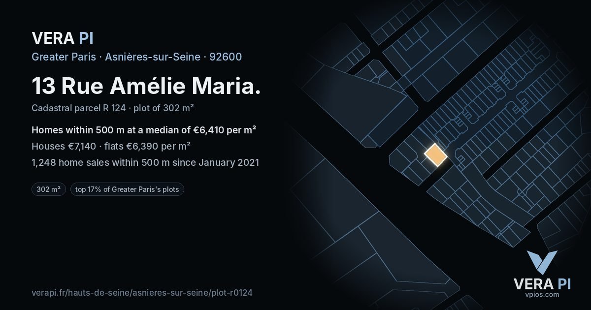 13 Rue Amélie Maria, Asnières-sur-Seine at night – the plot lit, the parcels around coloured by the prices near them