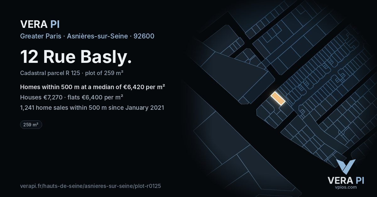 12 Rue Basly, Asnières-sur-Seine at night – the plot lit, the parcels around coloured by the prices near them