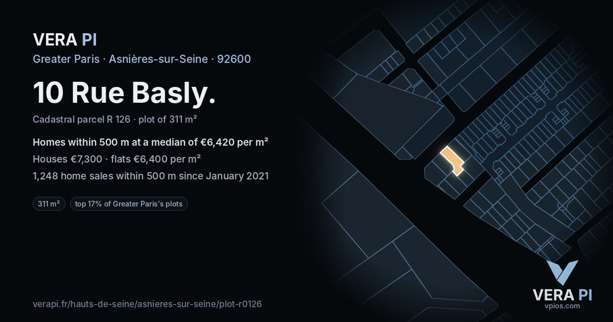 10 Rue Basly, Asnières-sur-Seine at night – the plot lit, the parcels around coloured by the prices near them