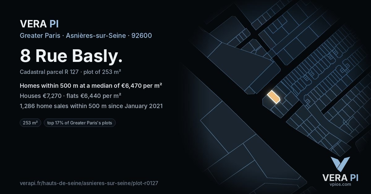 8 Rue Basly, Asnières-sur-Seine at night – the plot lit, the parcels around coloured by the prices near them