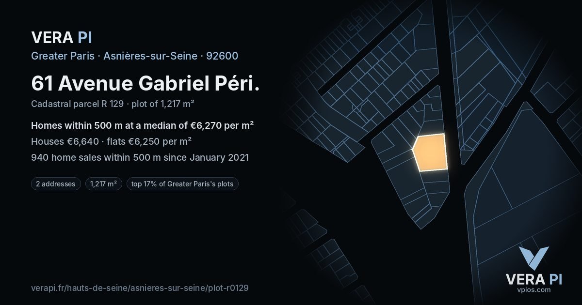 61 Avenue Gabriel Péri, Asnières-sur-Seine at night – the plot lit, the parcels around coloured by the prices near them