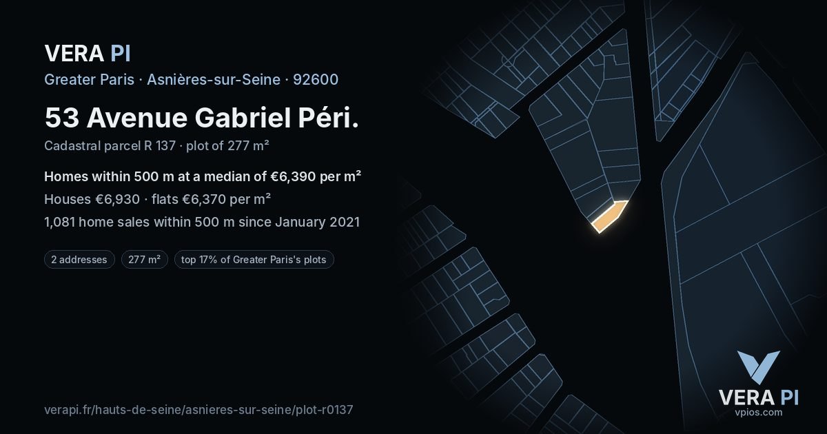 53 Avenue Gabriel Péri, Asnières-sur-Seine at night – the plot lit, the parcels around coloured by the prices near them