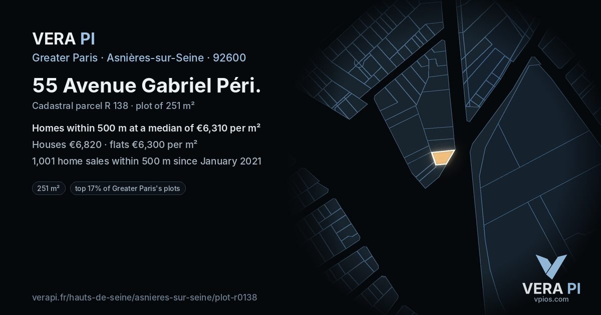 55 Avenue Gabriel Péri, Asnières-sur-Seine at night – the plot lit, the parcels around coloured by the prices near them