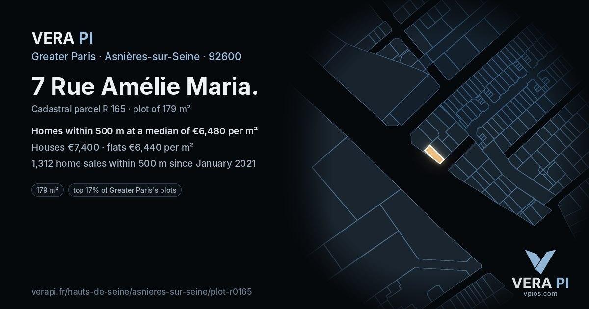 7 Rue Amélie Maria, Asnières-sur-Seine at night – the plot lit, the parcels around coloured by the prices near them