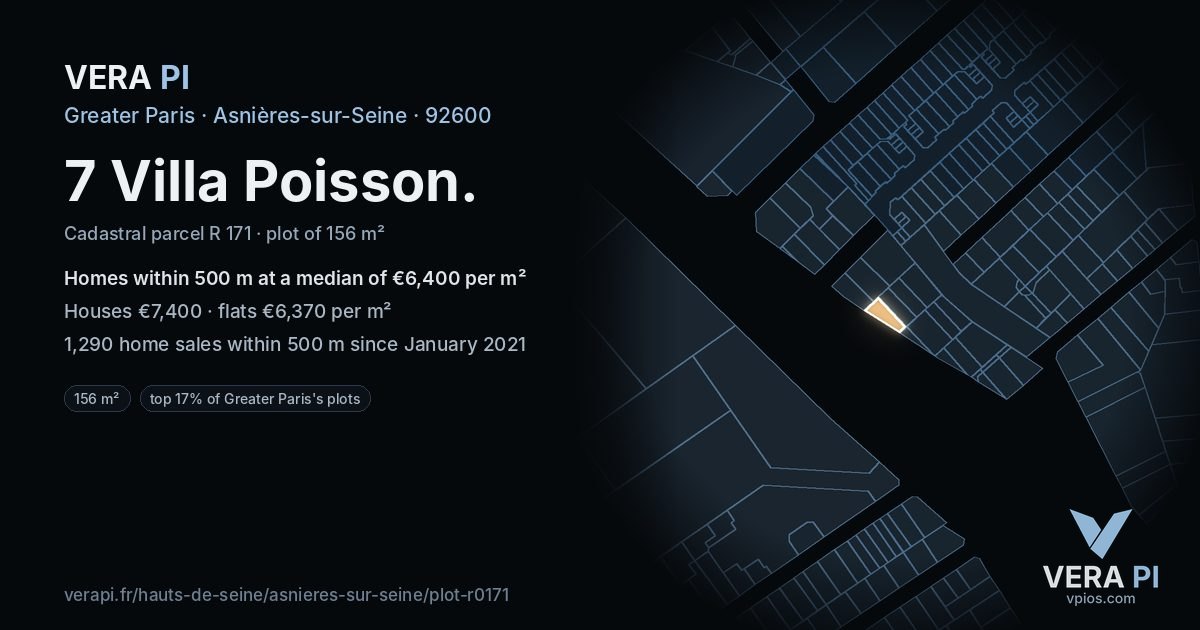 7 Villa Poisson, Asnières-sur-Seine at night – the plot lit, the parcels around coloured by the prices near them