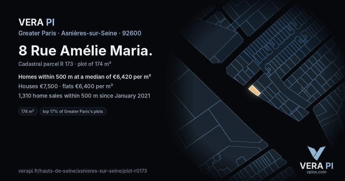 8 Rue Amélie Maria, Asnières-sur-Seine at night – the plot lit, the parcels around coloured by the prices near them