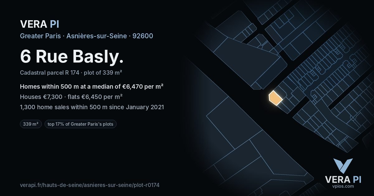 6 Rue Basly, Asnières-sur-Seine at night – the plot lit, the parcels around coloured by the prices near them