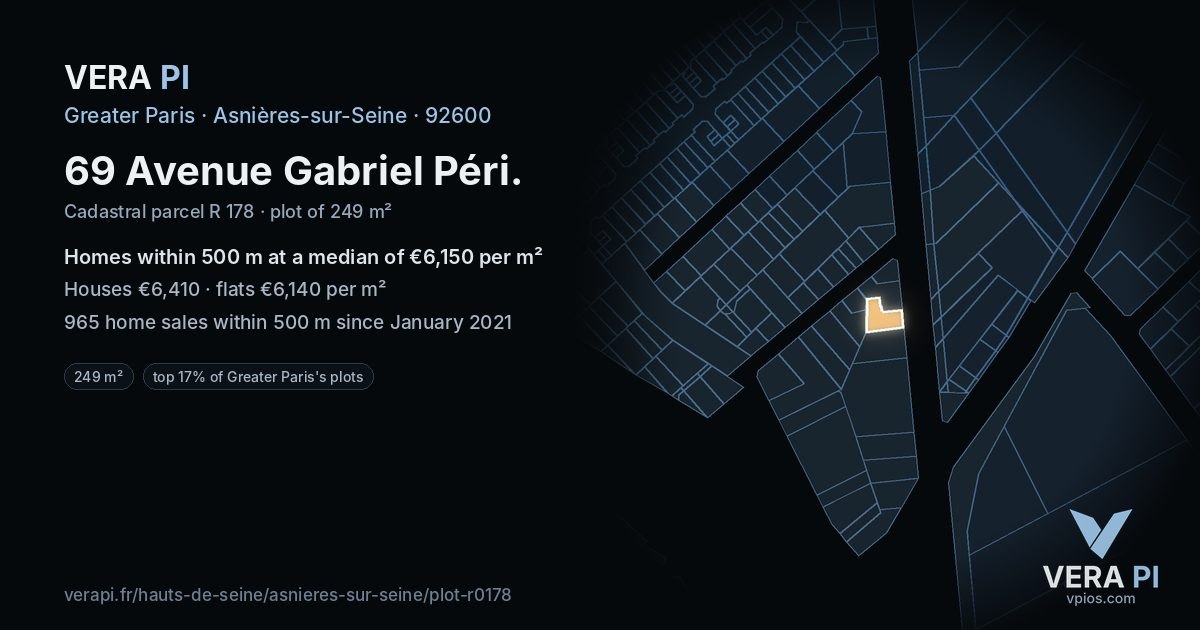 69 Avenue Gabriel Péri, Asnières-sur-Seine at night – the plot lit, the parcels around coloured by the prices near them
