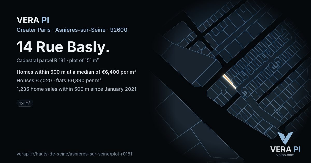 14 Rue Basly, Asnières-sur-Seine at night – the plot lit, the parcels around coloured by the prices near them