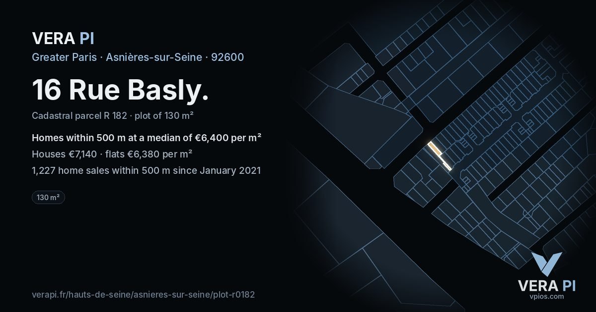 16 Rue Basly, Asnières-sur-Seine at night – the plot lit, the parcels around coloured by the prices near them