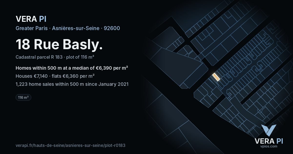 18 Rue Basly, Asnières-sur-Seine at night – the plot lit, the parcels around coloured by the prices near them