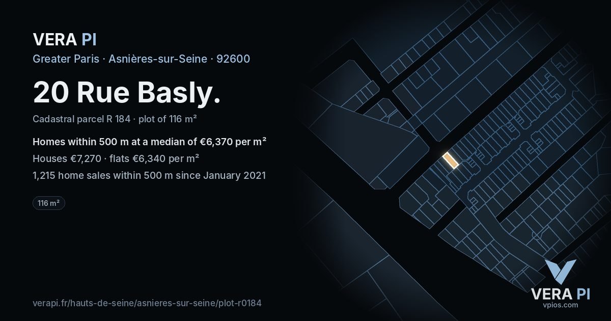 20 Rue Basly, Asnières-sur-Seine at night – the plot lit, the parcels around coloured by the prices near them