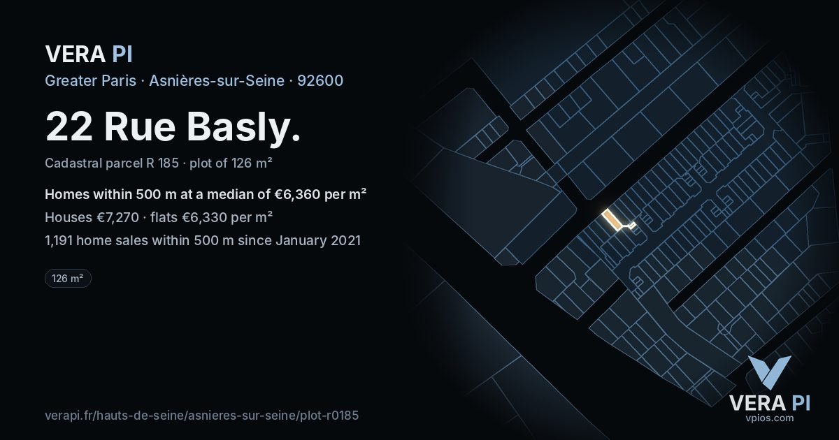22 Rue Basly, Asnières-sur-Seine at night – the plot lit, the parcels around coloured by the prices near them
