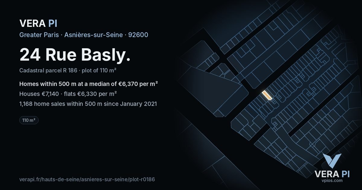 24 Rue Basly, Asnières-sur-Seine at night – the plot lit, the parcels around coloured by the prices near them