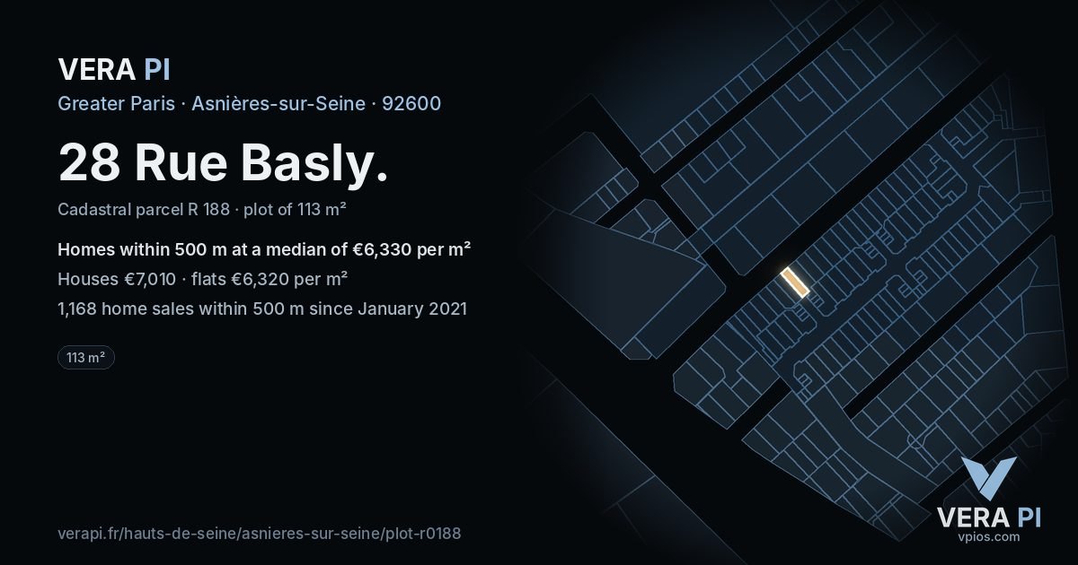 28 Rue Basly, Asnières-sur-Seine at night – the plot lit, the parcels around coloured by the prices near them