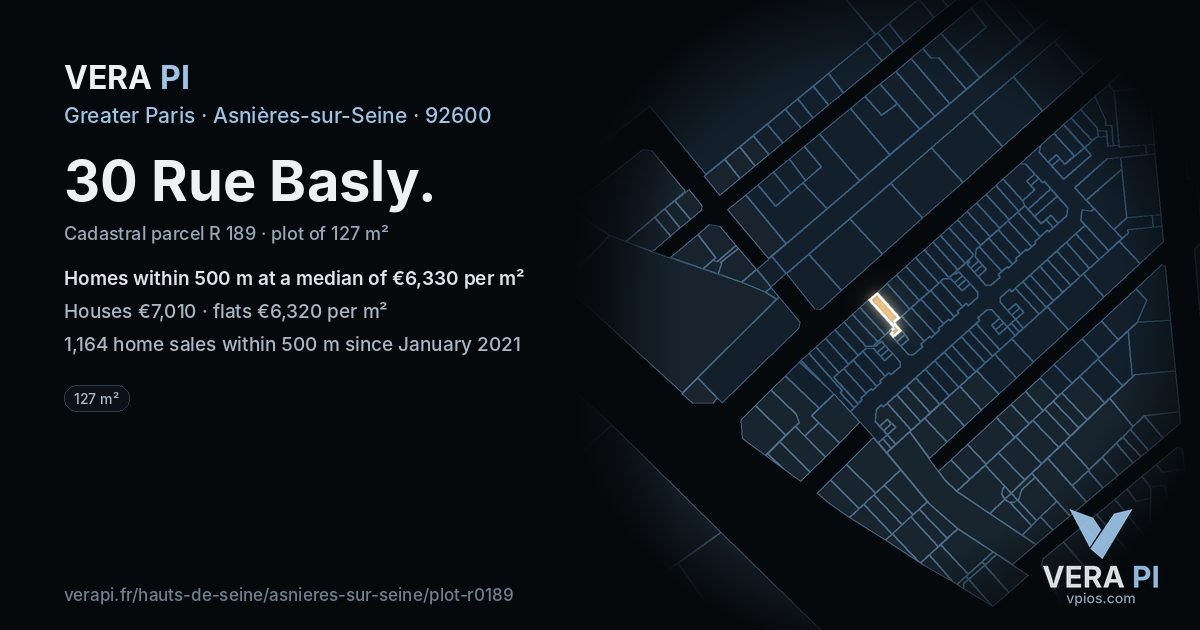 30 Rue Basly, Asnières-sur-Seine at night – the plot lit, the parcels around coloured by the prices near them