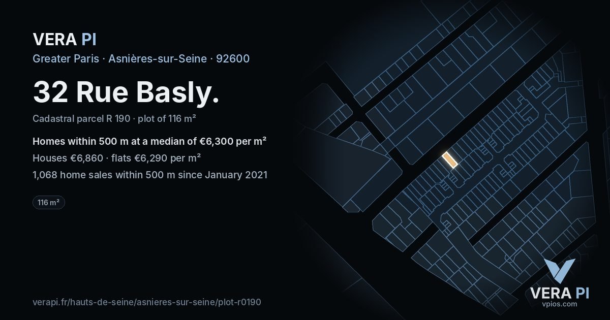 32 Rue Basly, Asnières-sur-Seine at night – the plot lit, the parcels around coloured by the prices near them
