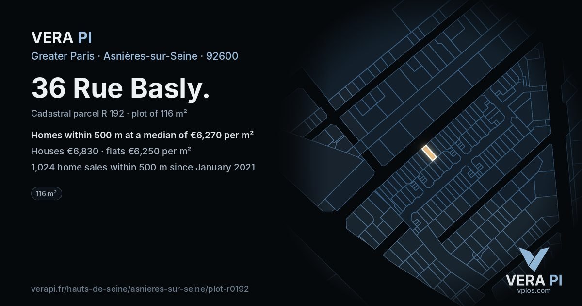 36 Rue Basly, Asnières-sur-Seine at night – the plot lit, the parcels around coloured by the prices near them
