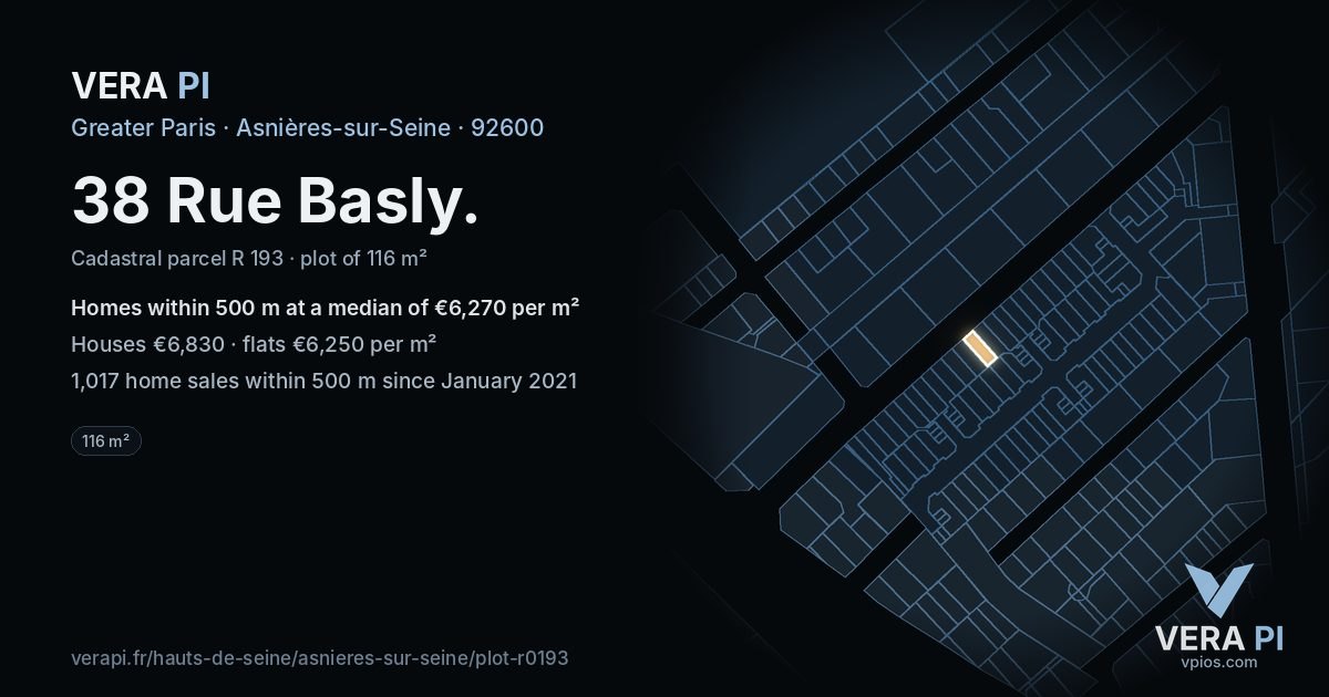 38 Rue Basly, Asnières-sur-Seine at night – the plot lit, the parcels around coloured by the prices near them