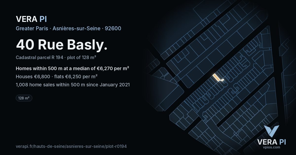 40 Rue Basly, Asnières-sur-Seine at night – the plot lit, the parcels around coloured by the prices near them