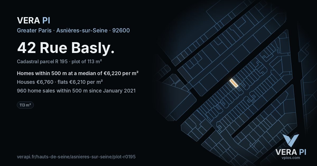 42 Rue Basly, Asnières-sur-Seine at night – the plot lit, the parcels around coloured by the prices near them