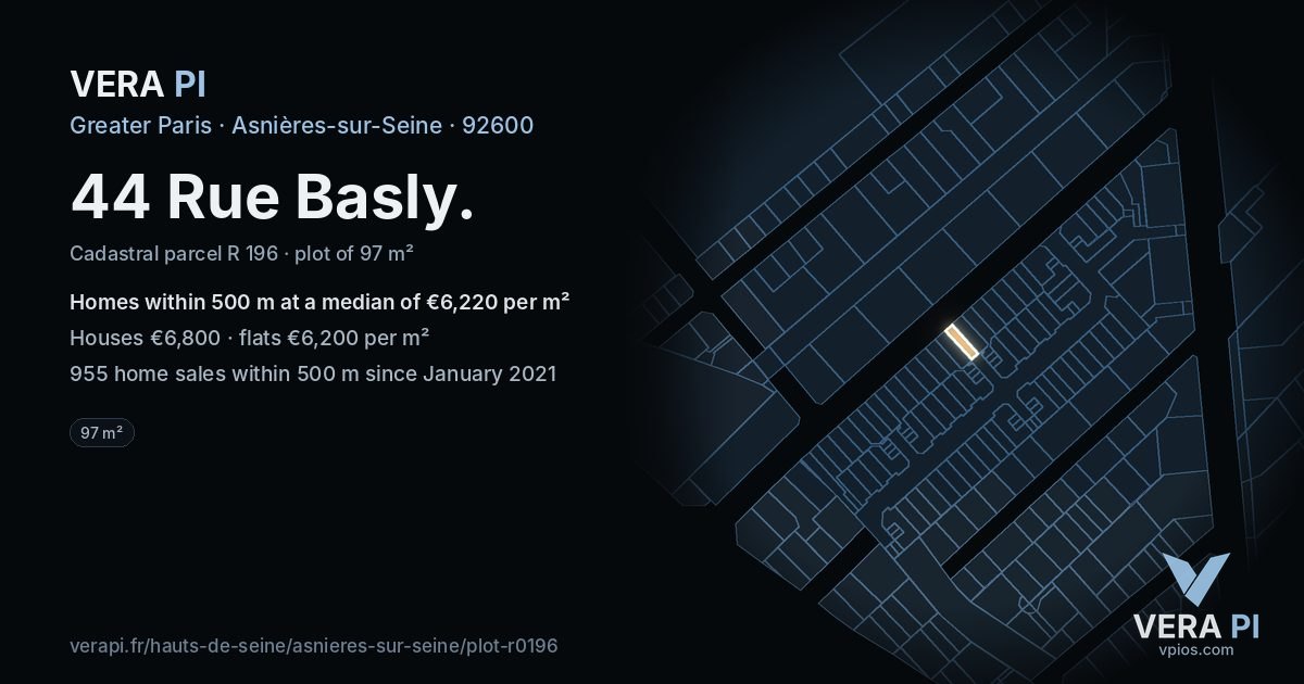 44 Rue Basly, Asnières-sur-Seine at night – the plot lit, the parcels around coloured by the prices near them