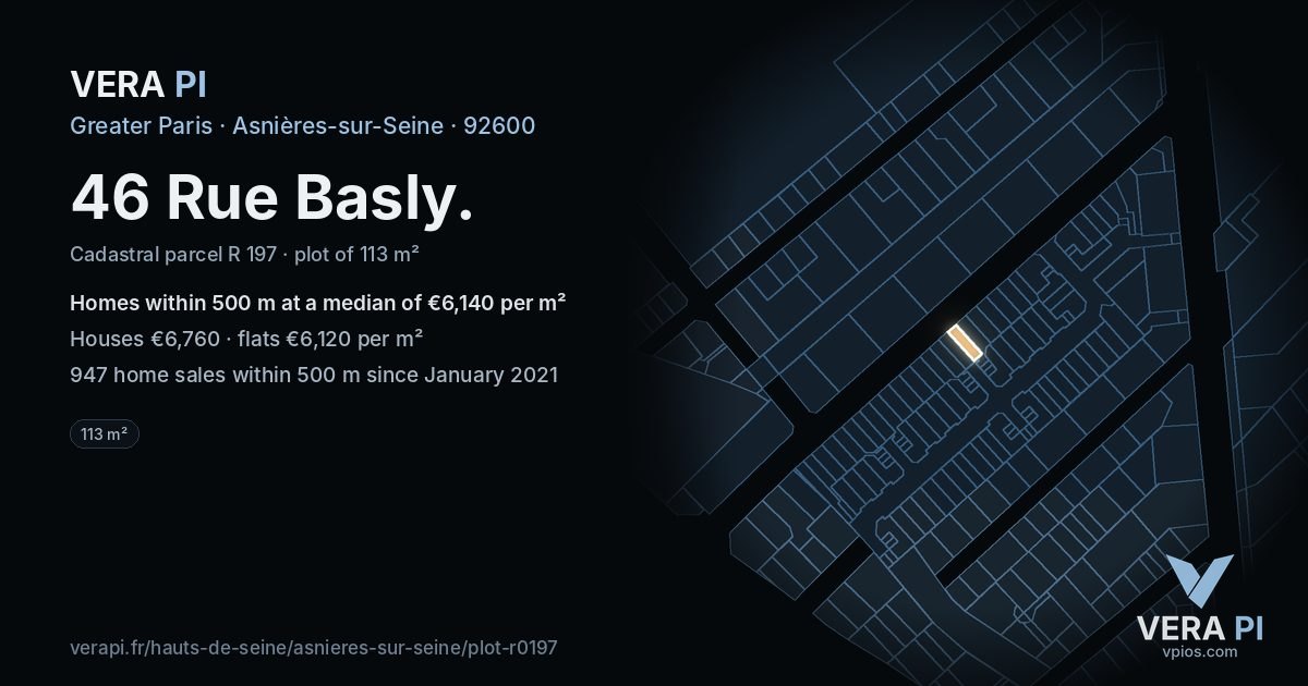 46 Rue Basly, Asnières-sur-Seine at night – the plot lit, the parcels around coloured by the prices near them