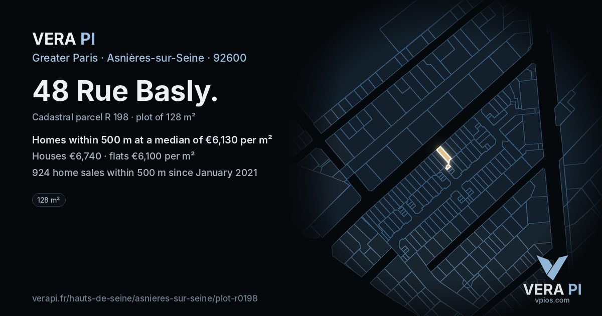 48 Rue Basly, Asnières-sur-Seine at night – the plot lit, the parcels around coloured by the prices near them