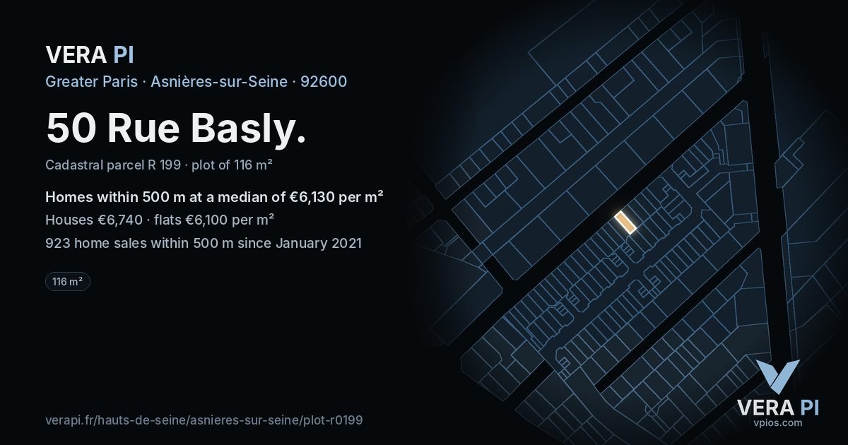 50 Rue Basly, Asnières-sur-Seine at night – the plot lit, the parcels around coloured by the prices near them