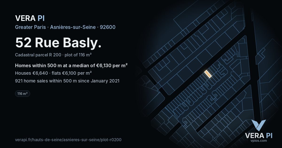 52 Rue Basly, Asnières-sur-Seine at night – the plot lit, the parcels around coloured by the prices near them