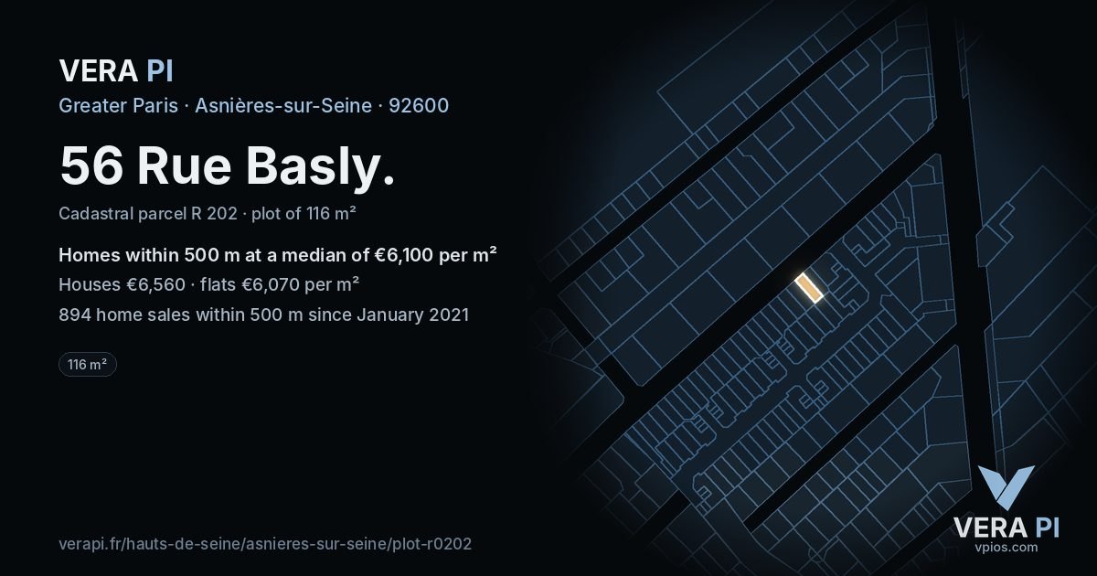 56 Rue Basly, Asnières-sur-Seine at night – the plot lit, the parcels around coloured by the prices near them