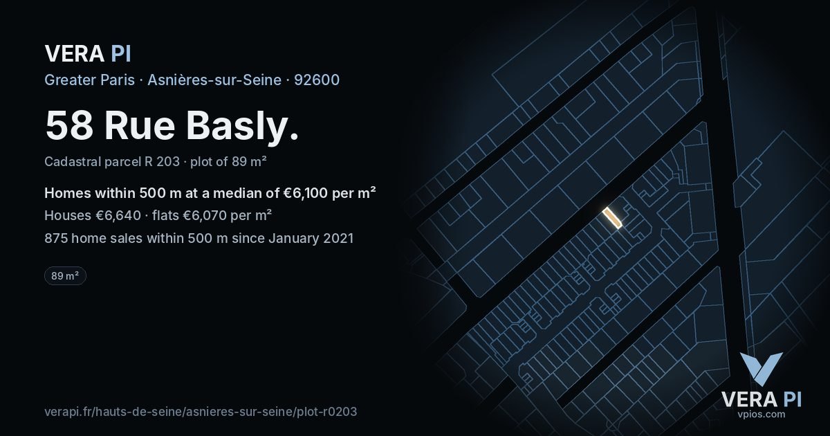 58 Rue Basly, Asnières-sur-Seine at night – the plot lit, the parcels around coloured by the prices near them