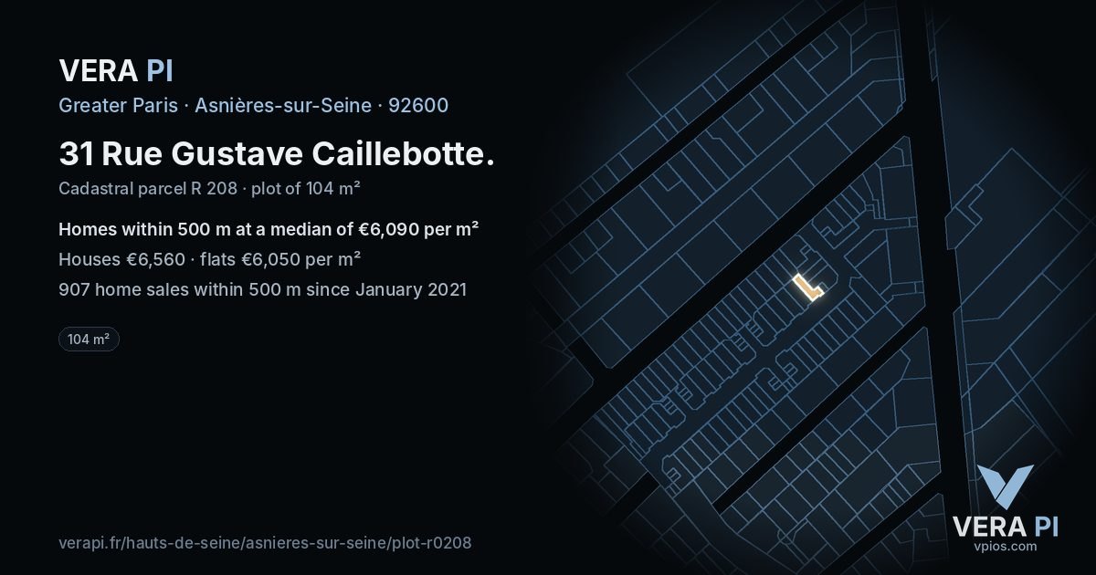 31 Rue Gustave Caillebotte, Asnières-sur-Seine at night – the plot lit, the parcels around coloured by the prices near them
