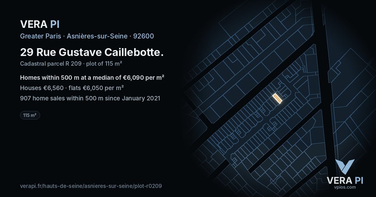 29 Rue Gustave Caillebotte, Asnières-sur-Seine at night – the plot lit, the parcels around coloured by the prices near them