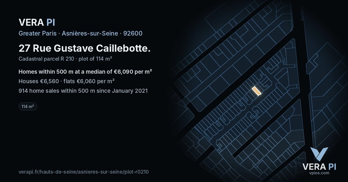 27 Rue Gustave Caillebotte, Asnières-sur-Seine at night – the plot lit, the parcels around coloured by the prices near them