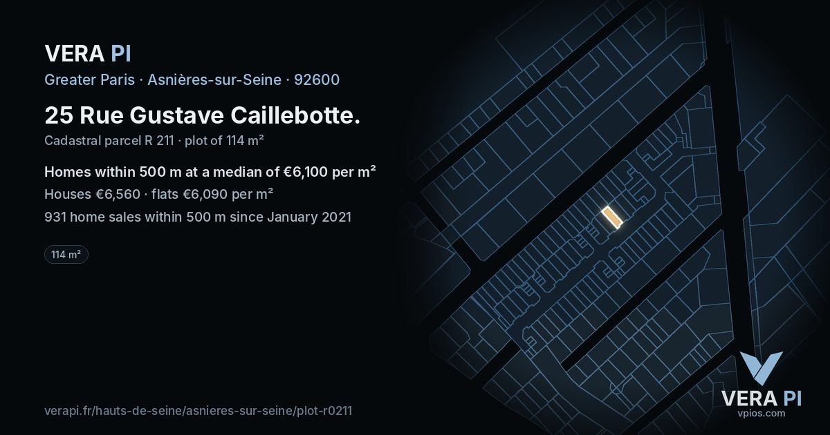 25 Rue Gustave Caillebotte, Asnières-sur-Seine at night – the plot lit, the parcels around coloured by the prices near them