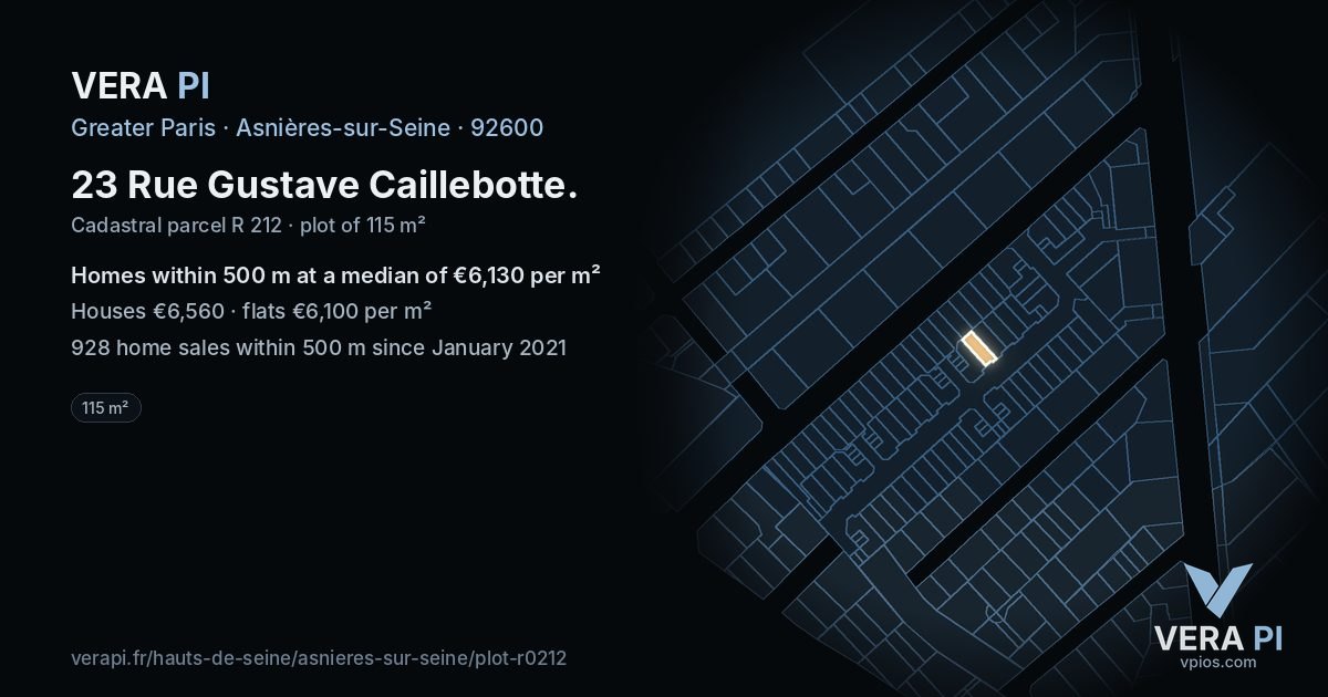 23 Rue Gustave Caillebotte, Asnières-sur-Seine at night – the plot lit, the parcels around coloured by the prices near them