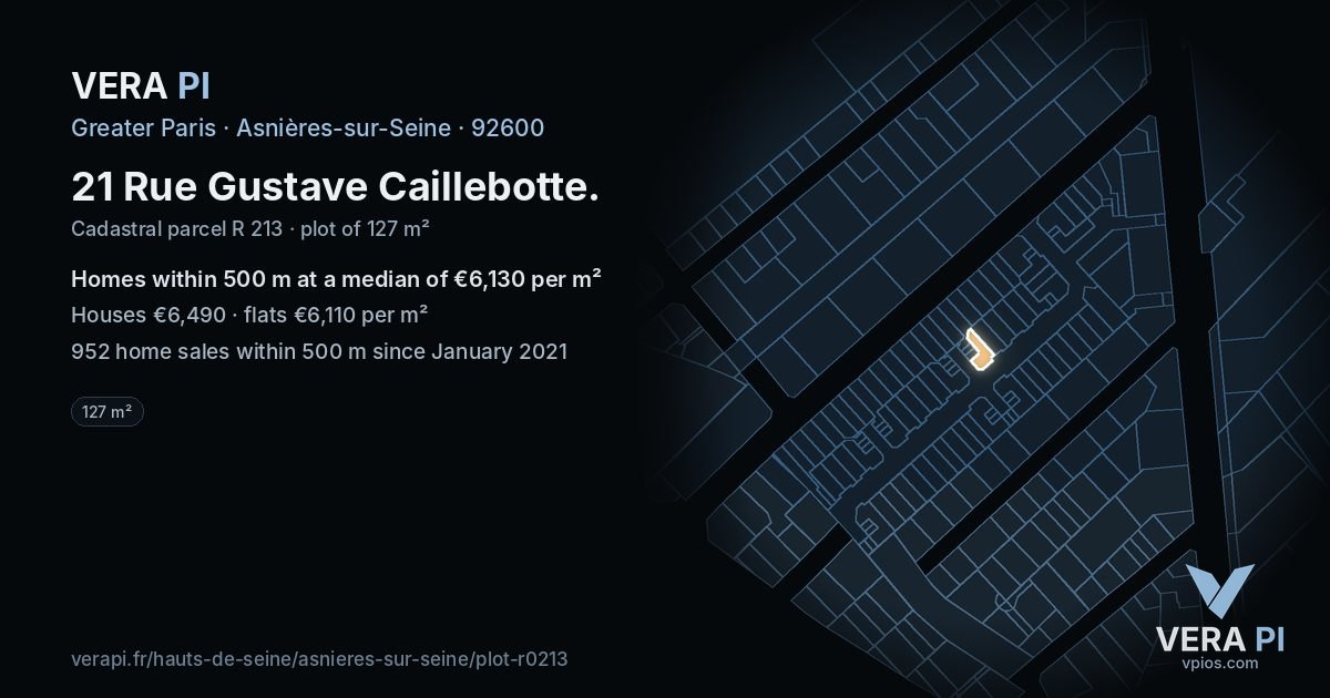 21 Rue Gustave Caillebotte, Asnières-sur-Seine at night – the plot lit, the parcels around coloured by the prices near them