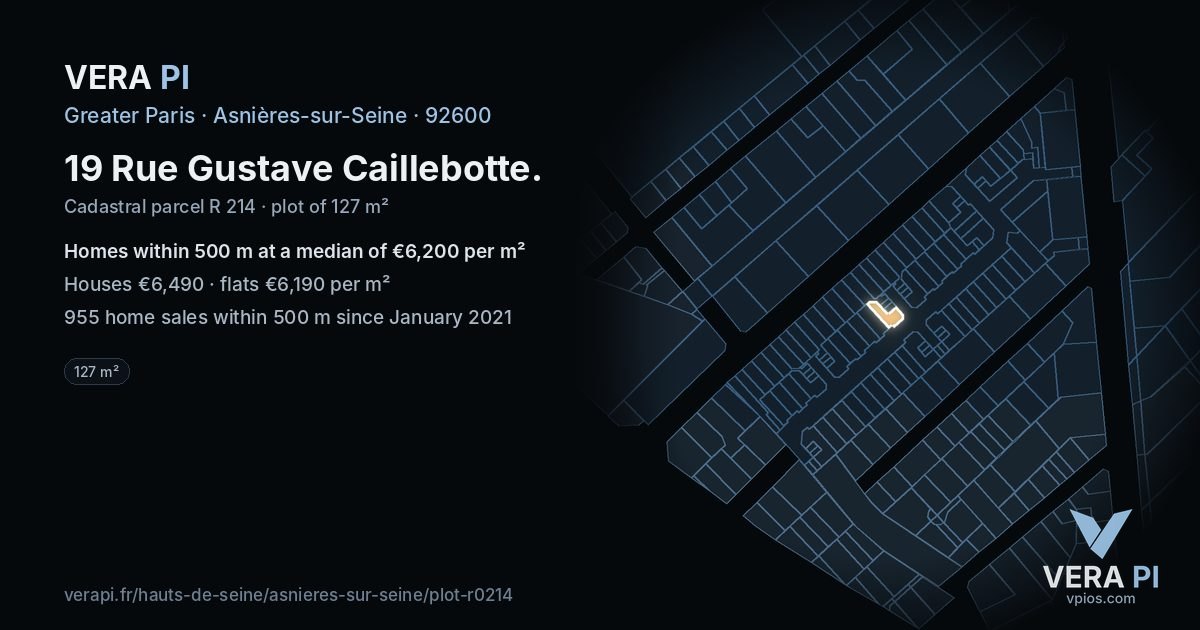 19 Rue Gustave Caillebotte, Asnières-sur-Seine at night – the plot lit, the parcels around coloured by the prices near them