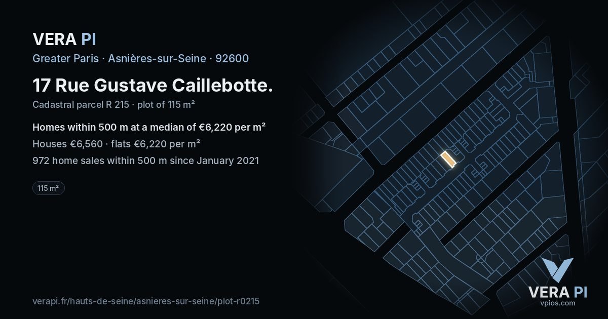 17 Rue Gustave Caillebotte, Asnières-sur-Seine at night – the plot lit, the parcels around coloured by the prices near them
