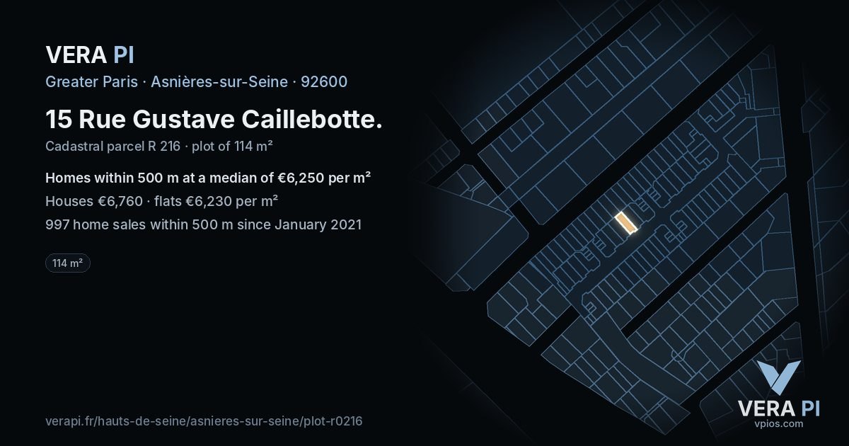 15 Rue Gustave Caillebotte, Asnières-sur-Seine at night – the plot lit, the parcels around coloured by the prices near them