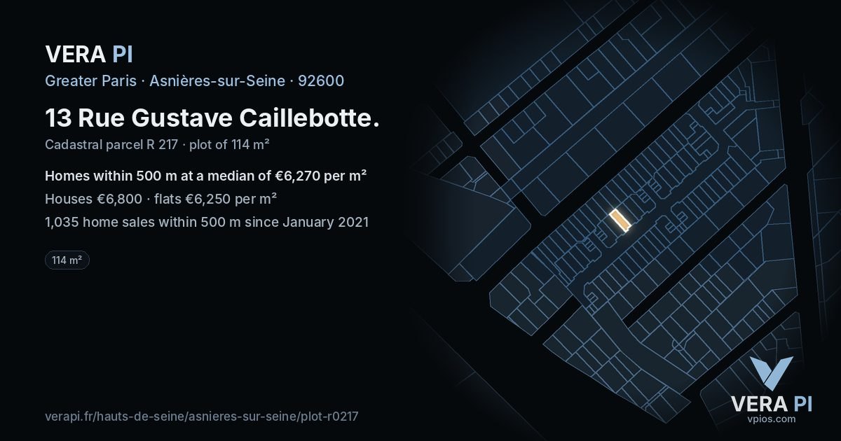 13 Rue Gustave Caillebotte, Asnières-sur-Seine at night – the plot lit, the parcels around coloured by the prices near them