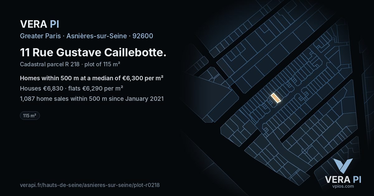 11 Rue Gustave Caillebotte, Asnières-sur-Seine at night – the plot lit, the parcels around coloured by the prices near them