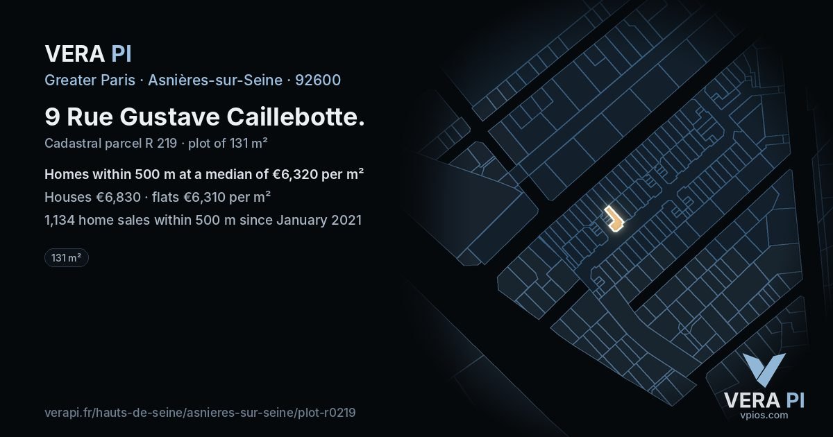 9 Rue Gustave Caillebotte, Asnières-sur-Seine at night – the plot lit, the parcels around coloured by the prices near them