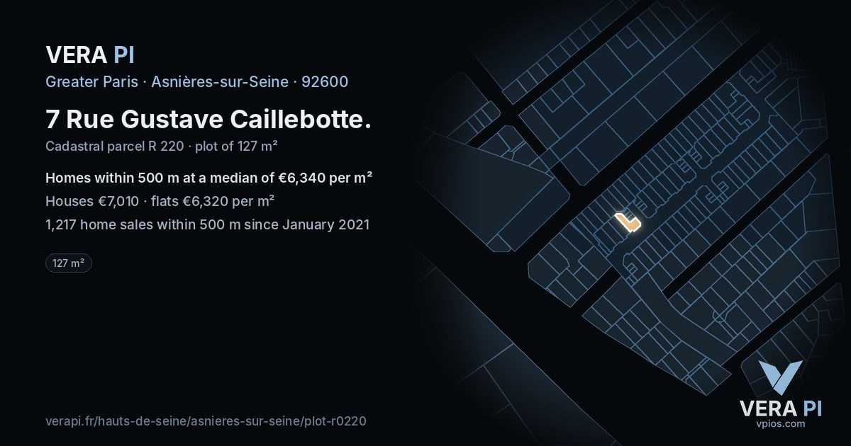 7 Rue Gustave Caillebotte, Asnières-sur-Seine at night – the plot lit, the parcels around coloured by the prices near them