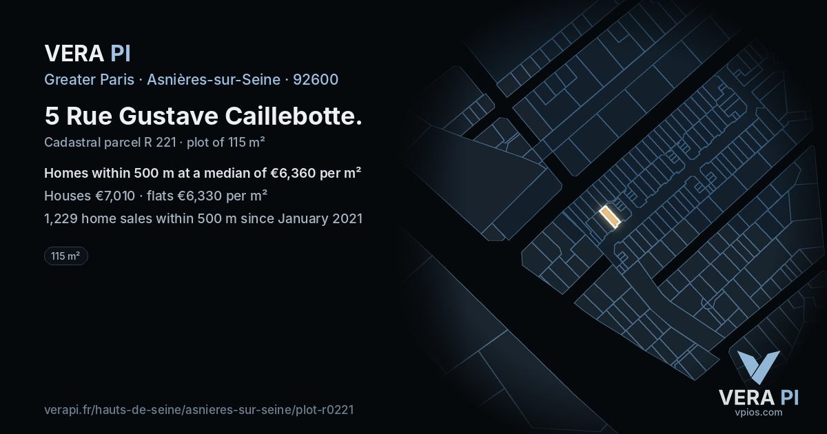 5 Rue Gustave Caillebotte, Asnières-sur-Seine at night – the plot lit, the parcels around coloured by the prices near them
