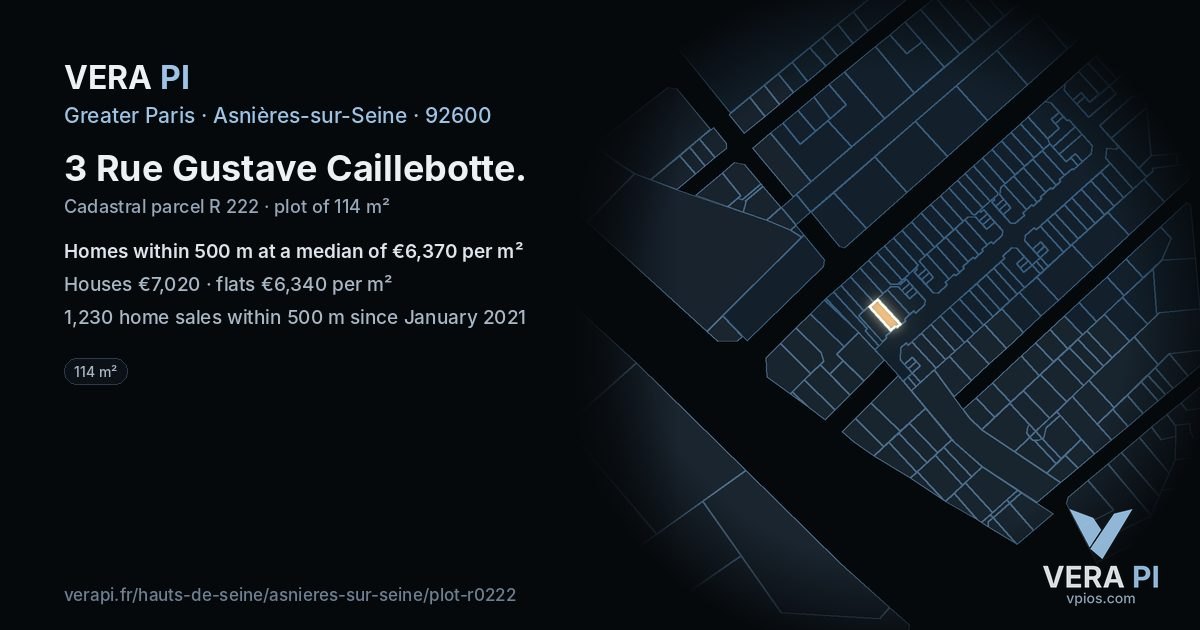 3 Rue Gustave Caillebotte, Asnières-sur-Seine at night – the plot lit, the parcels around coloured by the prices near them