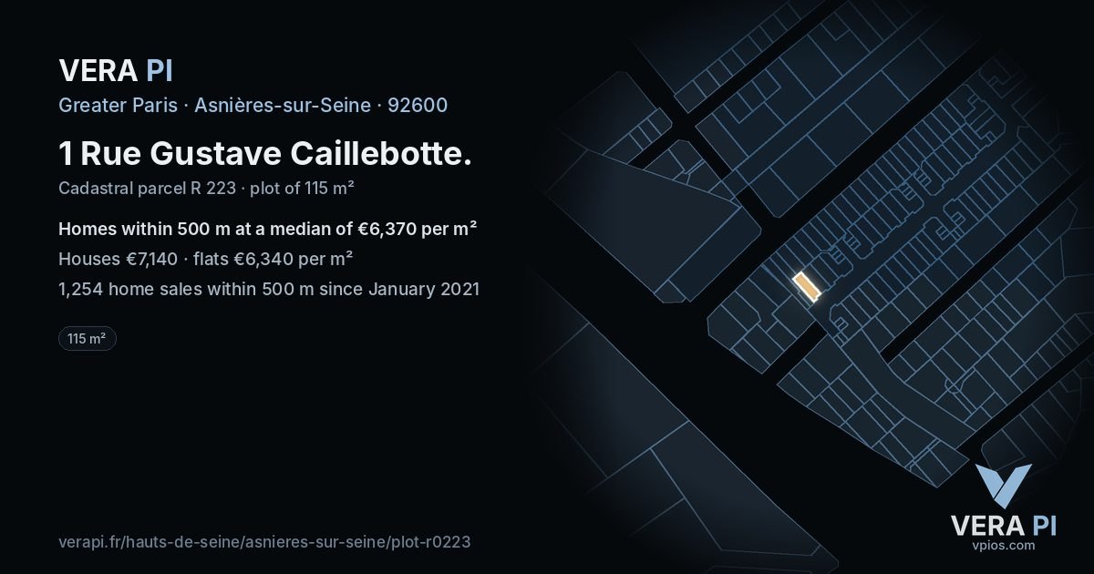 1 Rue Gustave Caillebotte, Asnières-sur-Seine at night – the plot lit, the parcels around coloured by the prices near them